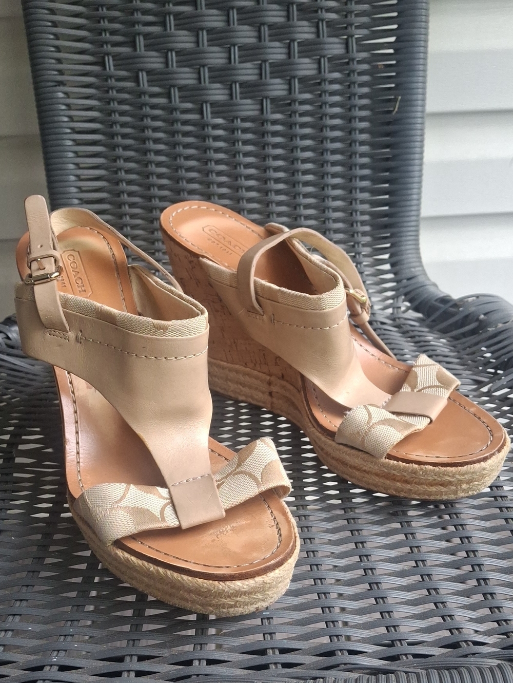 Coach Beige Canvas & Leather Espadrille Wedge Sandals